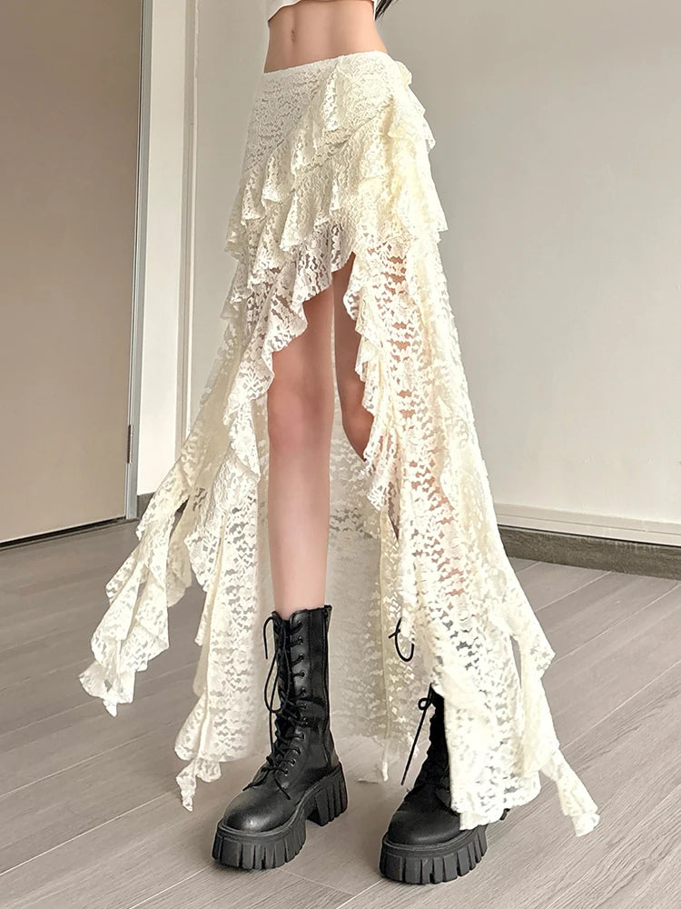 Hnewly  Women Skirts Chic Irregular Hem Multi-Layered Ruffles Lace Patchwork Summer Trend Skinny Versatile Bottoms