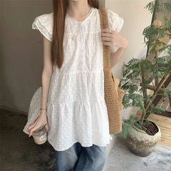 Hnewly  Sweet White Embroidery Loose Dress for Women Summer  Flying Sleeve Short Dress Woman Fashion Y2K V-Neck A-Line Dress Female