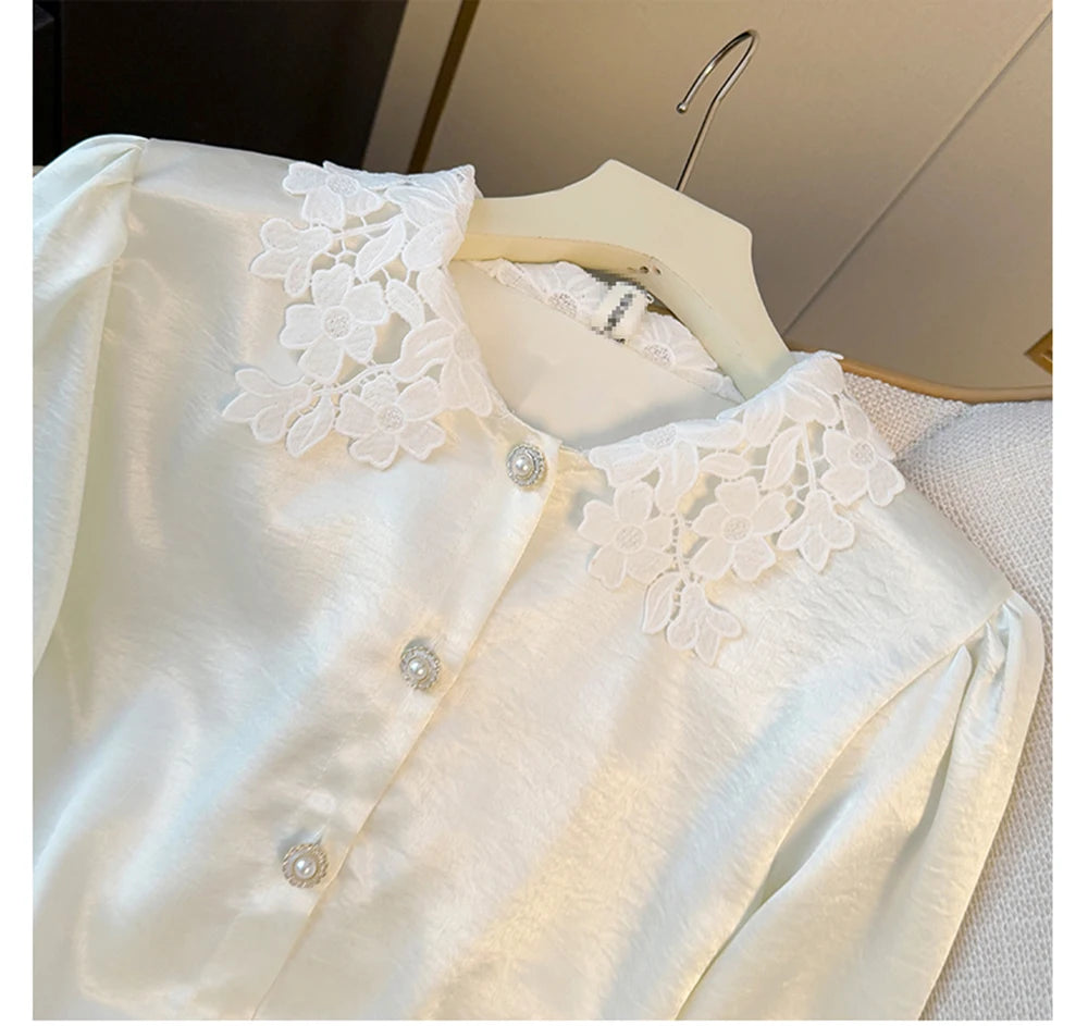 Hnewly  Elegant Satin Spliced Lace Shirt Women French Style Summer 2025 Doll Collar Pearl Single Breasted Light Luxury Long Sleeve Tops