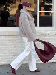 Hnewly  Fashion Fluffy Lapel Collar Faux Fur Coat Women Ins Hot Chic Girl Solid Color Fox Fur Jacket Thick Warm Overcoat New