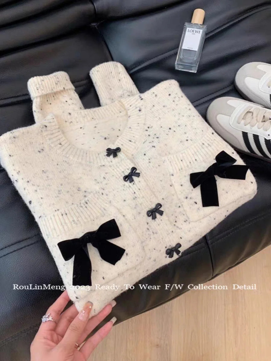 Hnewly  Korean Spring Autumn Bow Sweater  Single Breasted O-Neck  Chic Dot Knitted Cardigans Fashion Casual Long Sleeve Outerwear Top
