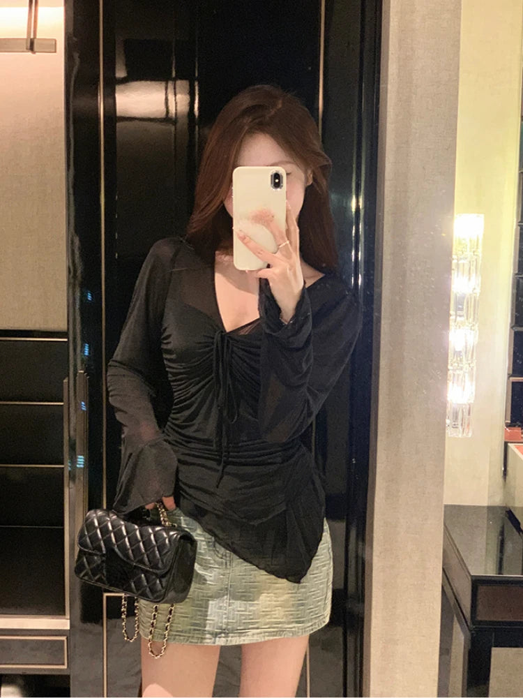 Hnewly Elegant Chiffon Lace Thin Blouse Women Casual Office Lady Beach Style Shirts Outwear Tops Korean Fashion Summer Chic V-Neck