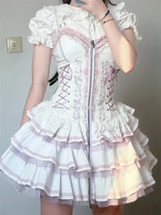 Hnewly  Original Lolita Dress Set Women's Slim Elegant Gothic Punk Zip V-Neck Vintage Suspender Dress + Shirt Set Summer Two-piece Set