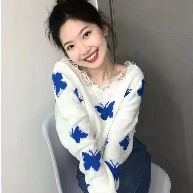 Hnewly New Women Casual Loose Jumper Korean Fashion Graphic Butterfly Knitted Sweater Woman Sweet Oversized Cropped Off Shoulder Tops