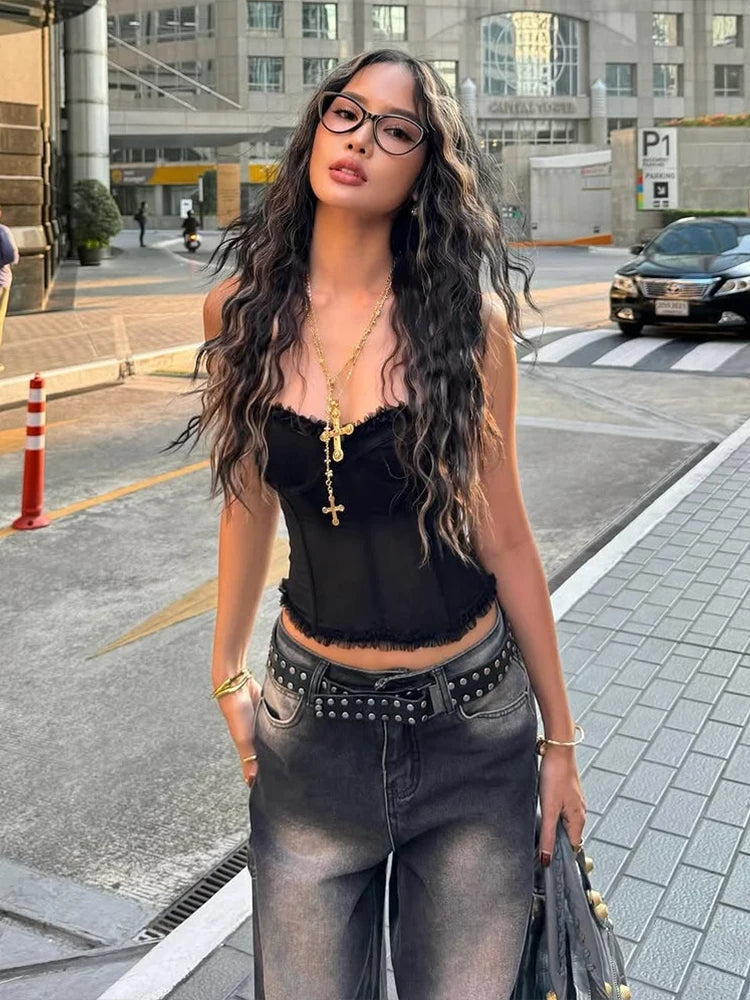 Hnewly  Folds Sexy Strapless Tops Y2K Patchwork See Through Skinny Summer Trend Backless Wild Basic Street Vacation Chic Vest