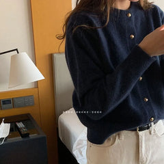 Hnewly  Plush Velvet Knitted Cardigan Sweater Women's Autumn Japanese Style Loose O-neck Short Jacket Long Sleeve Single Breasted Top