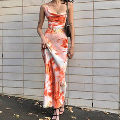 Hnewly  Tie-dye Print Slip Dress High Waist Pile Collar Backless Crossover Tie Dress Casual Elegant Resort-style