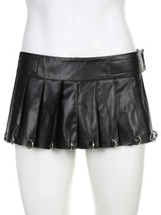 Hnewly Gothic Solid Pu Leather A-Line Skirt Dark Casual Low-Waisted Super Mini Skirts Women Autumn Winter Streetwear Lady