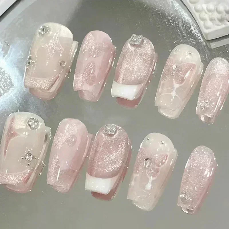 Hnewly 24Pcs False Nails French Gradient Ballet Fake Nails Press on Nails Black Heart Rhinestone Design Glitter Full Cover Nail Tips