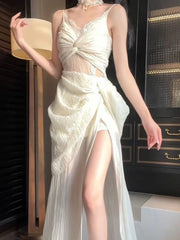 Hnewly  Y2k Aesthetic Lace Patchwork Slip Dress Harajuku Grunge Cross Pleated Woman Dresses Summer Streetwear Irregular Split Vestidos
