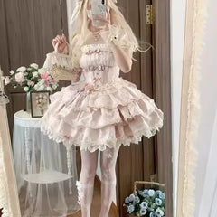 Hnewly  New Japanese Original Ballet Style Lolita Pink Dress Doll Feel Strap Dress Sweet Cute Girl JSK Puffy Princess Dresses