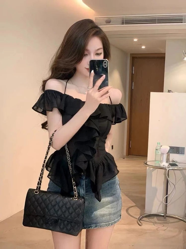 Hnewly Elegant 2 Piece Skirt Sets Summer French Harajuku Y2k Crop Tops Blouse Chiffon Shirt Straight Neck Sexy Slim Denim Skirts