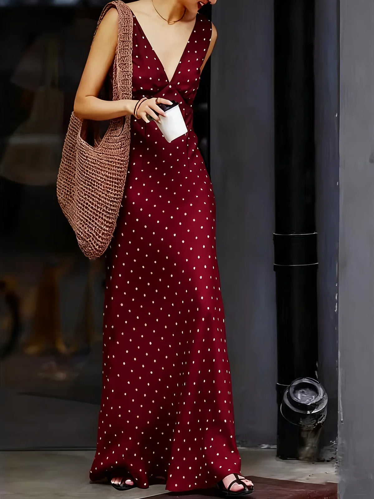 Hnewly  Polka Dot Satin Women Maxi Dress Fashion Lace Up V-neck Sleeveless Waist Cinching Slim Long Dresses Lady New Party Vestidos