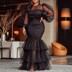 Hnewly  Sexy Large Size Bubble Flocking Polka Dot Dress Cross-Border Women's Fashion Autumn Winter New Arrival Elegant Commute Style