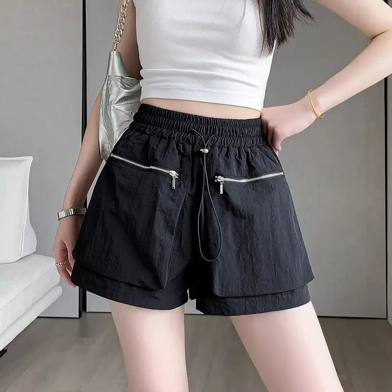 Hnewly  Elastic Waist Casual Wide Women's Cargo Shorts Flowy Trend 2025 Korean Style XL Summer Zippered Pocket Baggy Female Short Pants