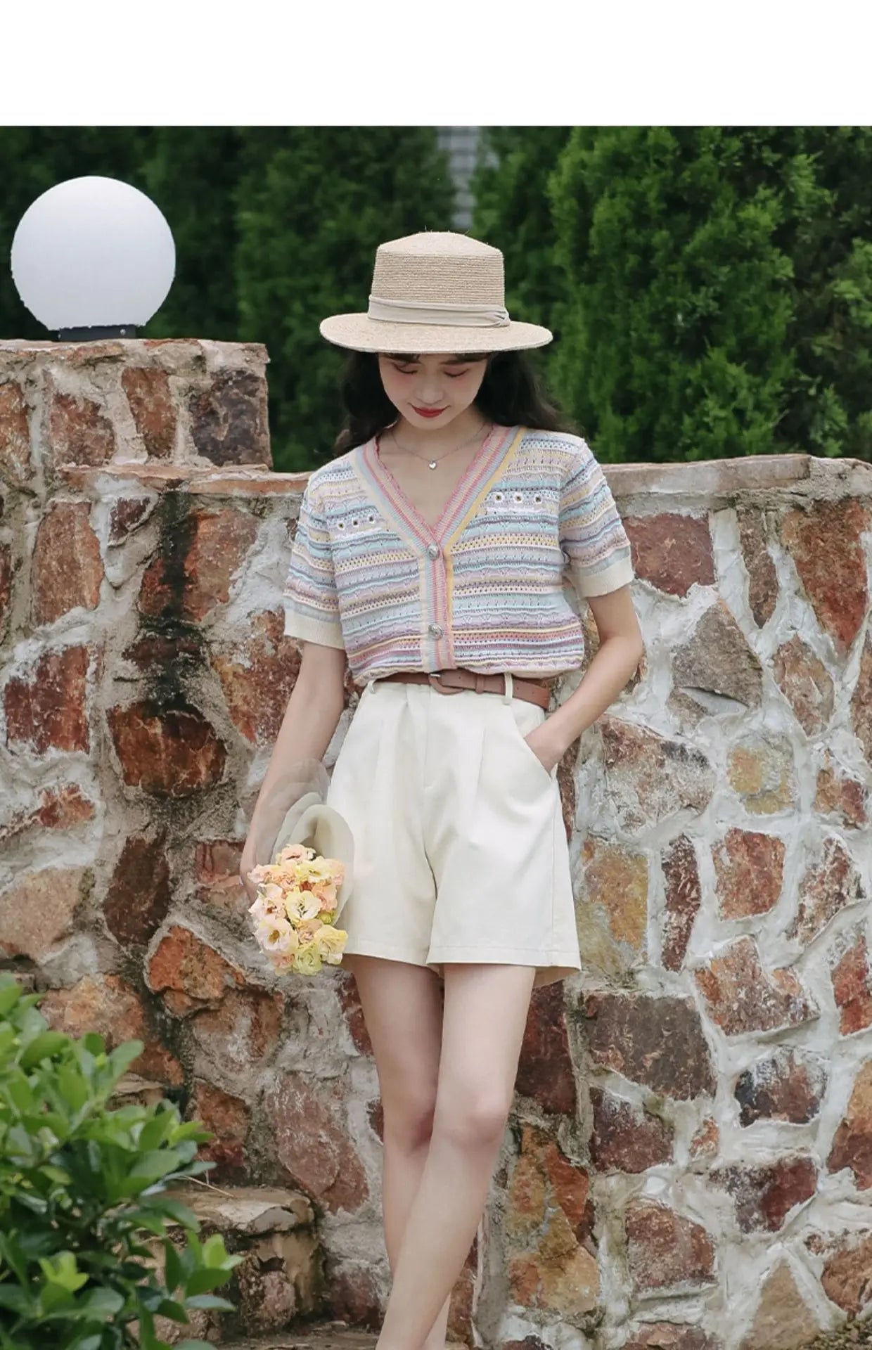 Hnewly Rainbow Striped Knitted Sweater For Women's 2025 Summer New  Thin Short Sleeved V-neck Hollow Out Holiday Sun Protection Top