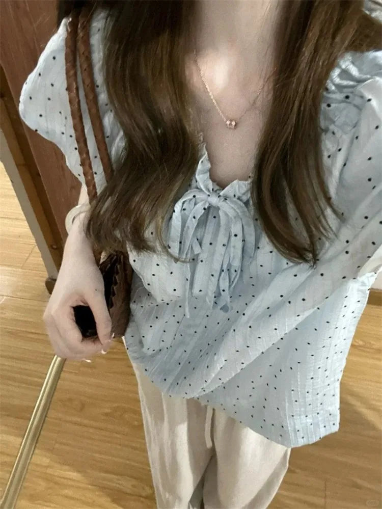 Hnewly  Women Blouse Bow Bandage Polka Dot Short Sleeve Sweet Loose Summer Fashion Shirts French Style Chic Female Tops Casual