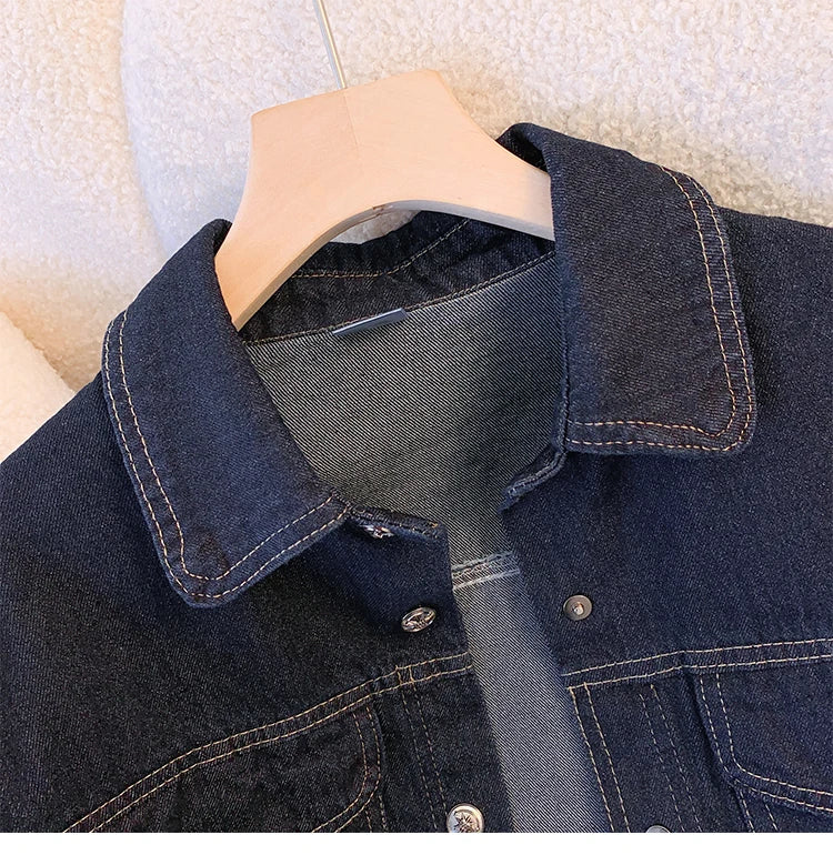 Hnewly  Deep Blue Short Sleeve Denim Jacket For Women Spring/Summer Lapel  Single Breasted Korean Loose All-Match Short Casual Top