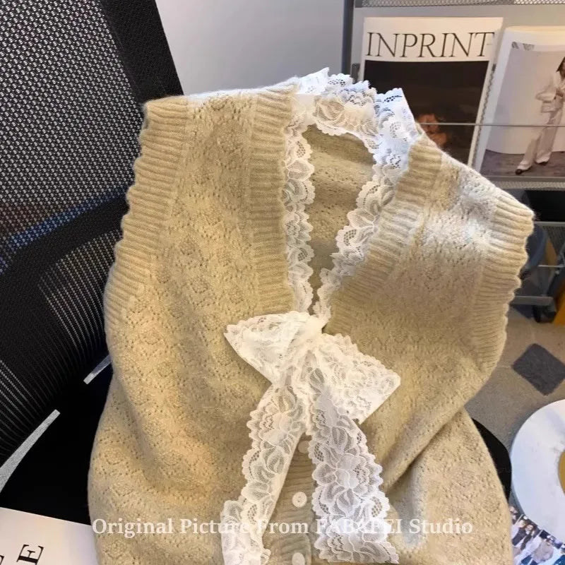 Hnewly  Elegant Lace Bow Sweater Vest Women's 2025 New Spring Autumn Sleeveless V-neck Knitted Pullover Korean Version Versatile Top