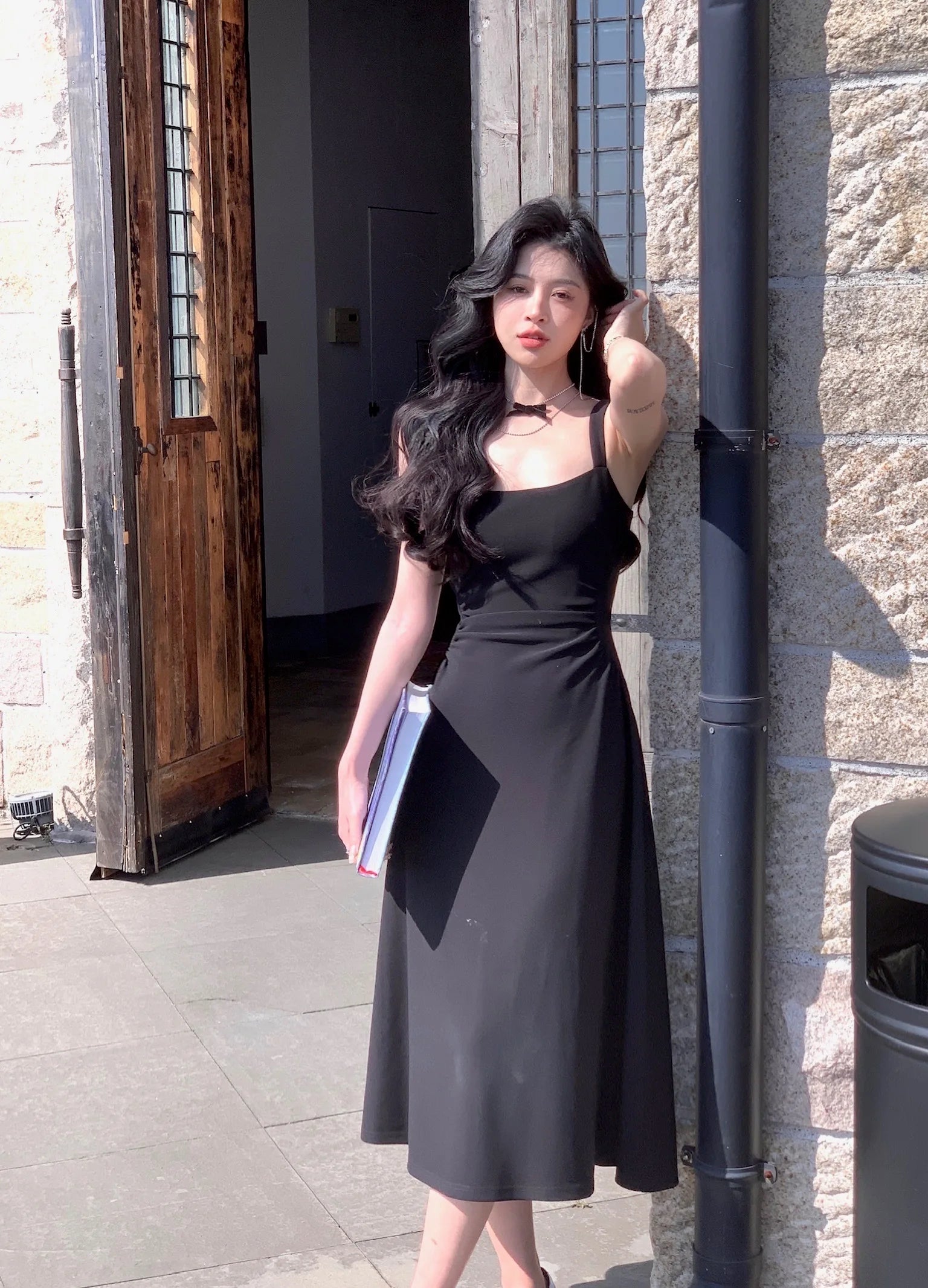Hnewly Spring New Elegant Square Collar Midi Party Dress  For Women Long Sleeve Black White Slim Vestidos Female Clothes