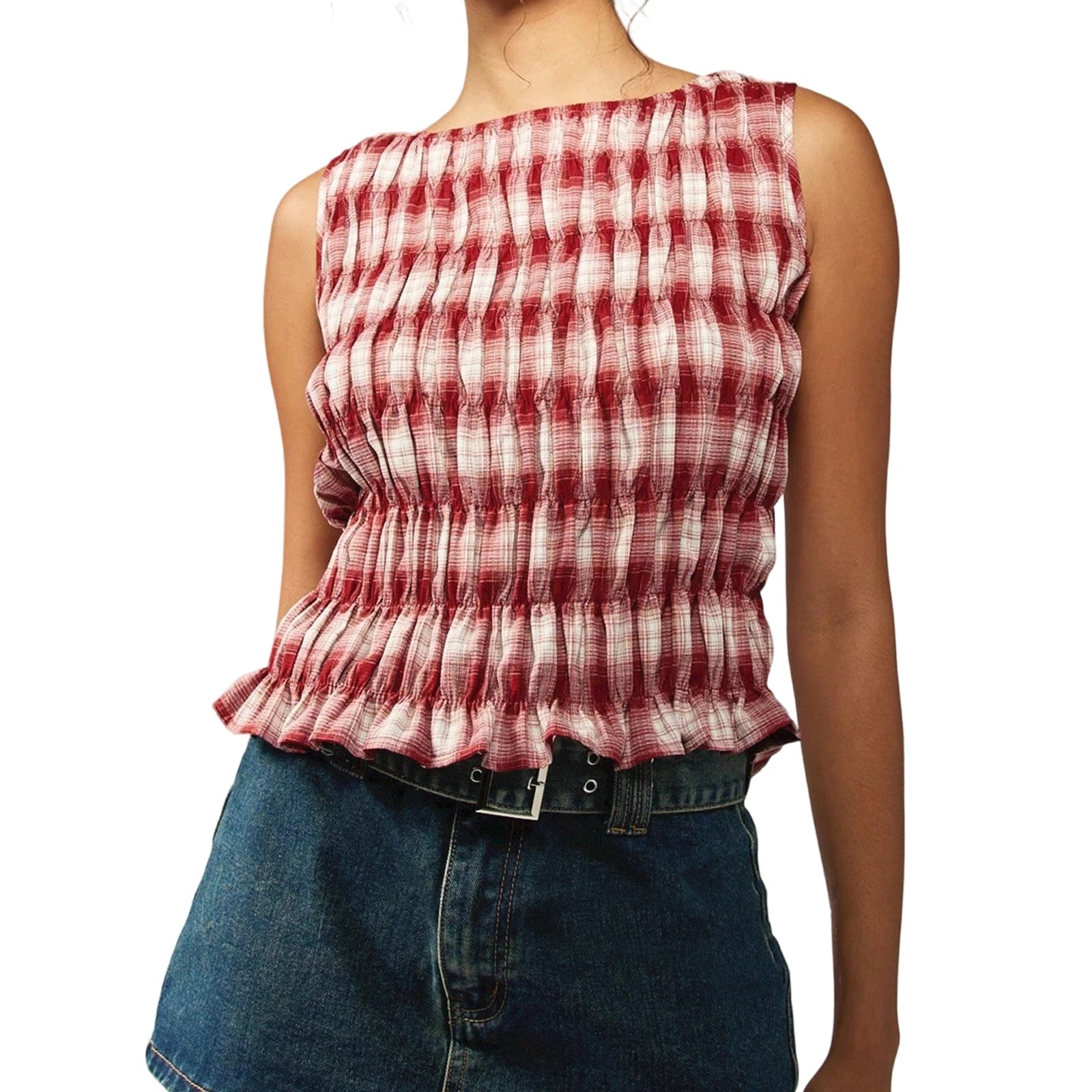 Hnewly Women Tank Tops y2k Clothes Summer Plaid Print Crew Neck Sleeveless Pleated T Shirts Vest Streetwear for Casual Daily