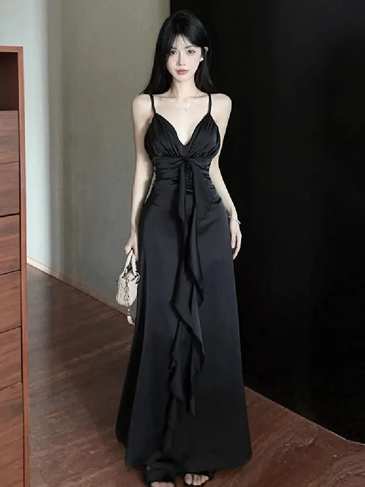 Hnewly  Women Dress Sexy V Neck Sleeveless Backless Ruffles Ribbon Backless Elegant Temperament Party Dresses Ladies Fashion