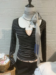 Hnewly  Black Striped Long Sleeve T-shirt Woman Autum O-neck Three Buttons Slim Tee Shirts Vintage Preppy Style Cotton Tshirts Y2k Tops