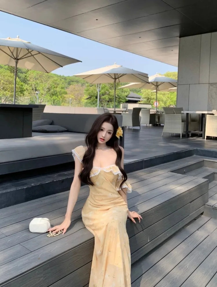 Hnewly  Woman Dress Lace Patchwork Ruffles Off Shoulder Summer Fashion French Style Chic Elegant Party Dresses Female Casual