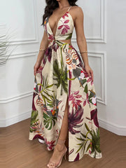 Hnewly  Casual High Waisted Split Women Long Dresses Sexy V-neck Suspenders Print Beach Dress Summer Hollow Out Backless Bohemian Dress