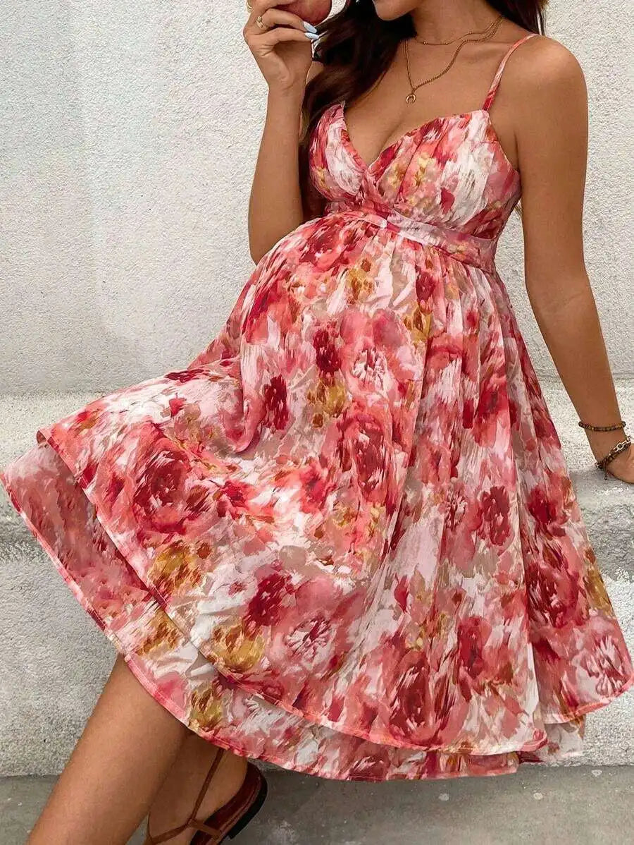 Hnewly  Maternity Sleeveless Floral Dress Summer Vacation Beach Outfit Women