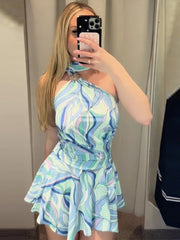 Hnewly  Swirl Print Halter Neck Mini Dress Sleeveless Spaghetti Strap Slim Fit Short Dresses Summer Casual Fashion Beach Sundress