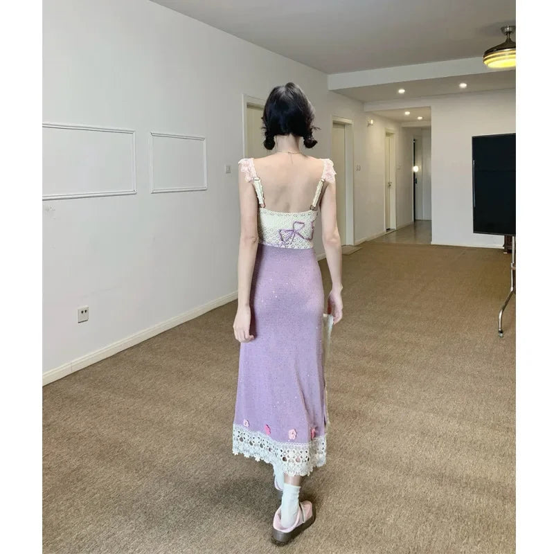 Hnewly Heavy-Work Knitted Purple Strap Dress Women's French Vintage Design Sensation Beauty Flower Banquet Empire Waist Gown