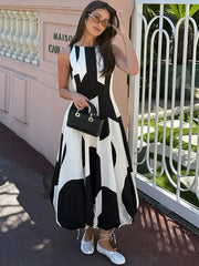 Hnewly  Printing Women's Dress O-neck Sleeveless A-line Ankle-length Circle Dot Female Dresses Summer Fashion Vacation Lady Robe ﻿