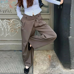 Hnewly  Street Asymmetric Pleated Long Pants Women Baggy High Waist Zipper Pockets Wide Leg Trousers 2026 Spring Lady Commute Pant New