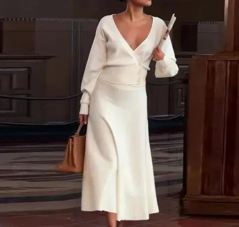 Hnewly  Autumn New Women's Long - Sleeve Deep V - Neck Solid Color Two - Piece Set Buttoned Top with Midi Skirt