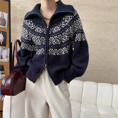 Hnewly  Women Fair Isle Sweater Zipper Front Collared Zip-up Sweater Knit Jacket Cozy Knitwear Teen-girl Fall Winter Vintage Outfit
