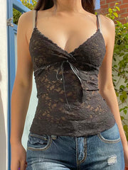Hnewly Black See Through Lace Cami Crop Tops Women Summer Y2K Clothes Sleeveless V Neck Sexy Tanks Camis Aesthetic 2000s Gothic Tees