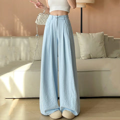 Hnewly  Summer Ice Silk Wide Leg Pants Women Korean Style High Waist Suit Trousers Woman Wild Pocket Loose Straight Pants Female