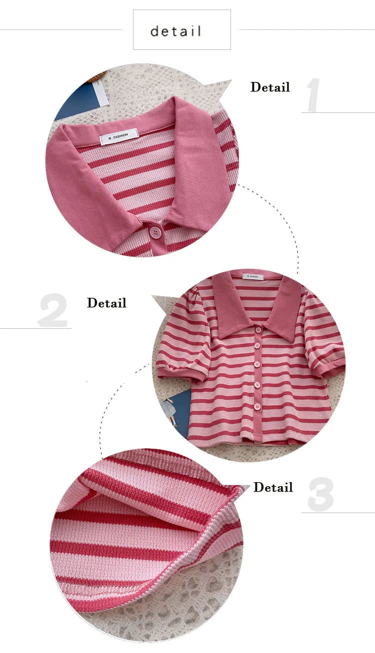 Hnewly Korean Contrast Stripe T-shirt Cardigan 2025 New Summer Women's Commuting Fashion Buttons Lapel Shirt Slim Versatile Top Trend