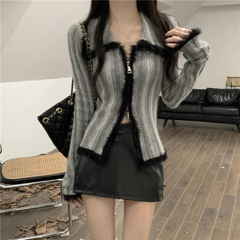 Hnewly Vintage Gradient Polo Zipper Cardigan Women Autumn Winter Long Sleeve Cashmere Sweater Knitted Top Outwear Jumpers