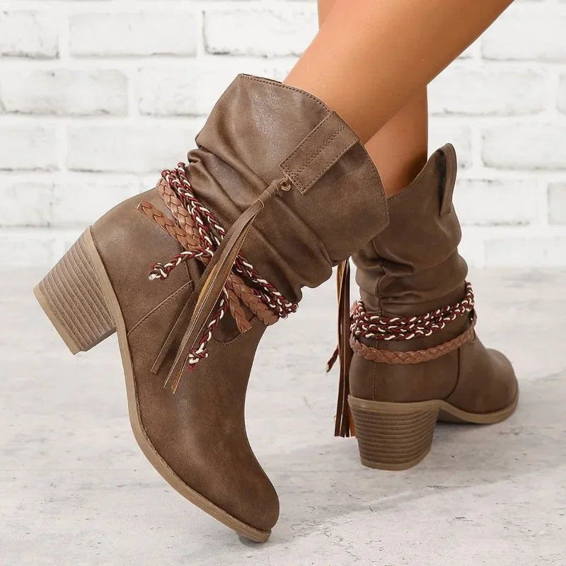 Hnewly outfit inspo winter Women's Shoes Slip-on Women's Boots Fashion Pleated Daily  Boots Women Hot Sale Round Toe Square Heel Ankle Boots
