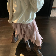 Hnewly  Women Pink Ruffled Skirts Elegant Korean Style High Waist Elastic Waist Asymmetric Lace Layered Short Skirts Mesh Skirt