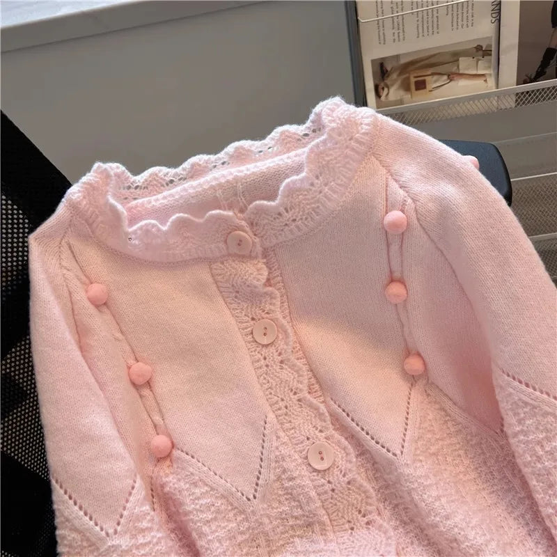 Hnewly  Korean Sweater Cardigan Women's Spring Autumn 2025 Versatile Soft Knitted Jacket Elegant Lace Single Breasted Long Sleeved Top