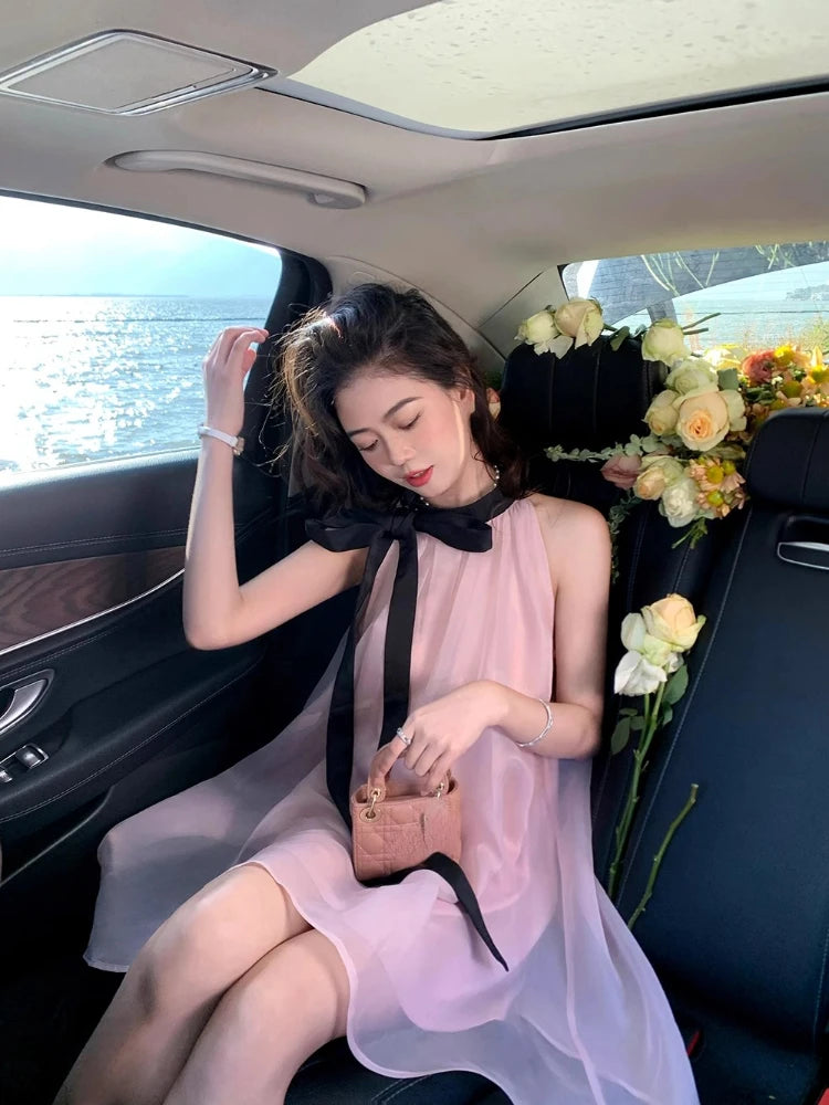 Hnewly French Pink Sleeveless Bow Neck Sleeveless Strap Dress for Women Even Party Korean Y2k Mini Dress Office Lady Summer Elegant