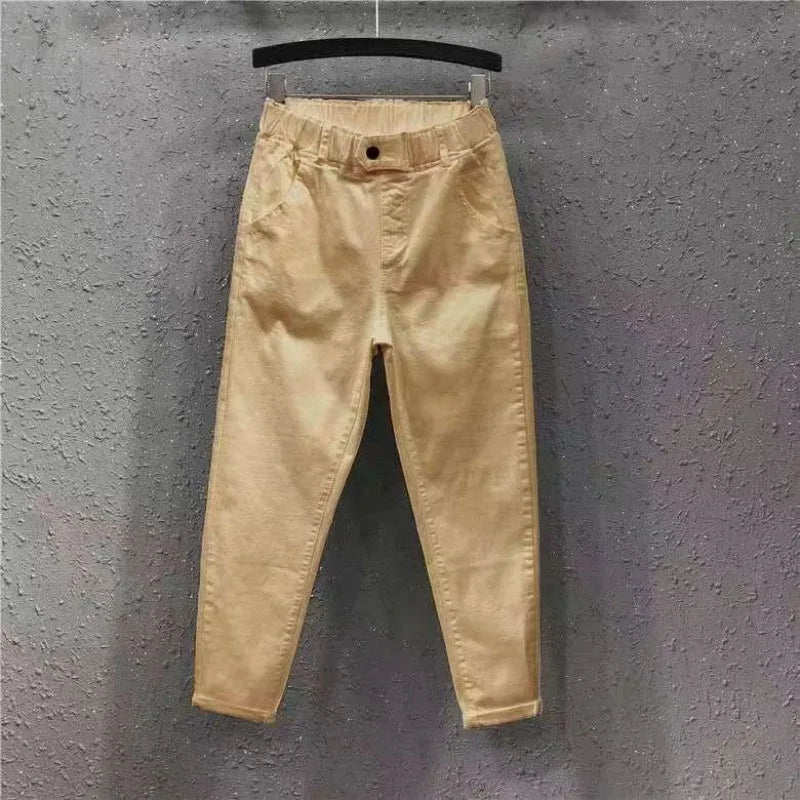 Hnewly Solid Casual Jeans For Summer/Autumn 2025 New Loose Versatile Harlan Pants Fashion Elastic Waist Buttons  Ankle-Length Pants