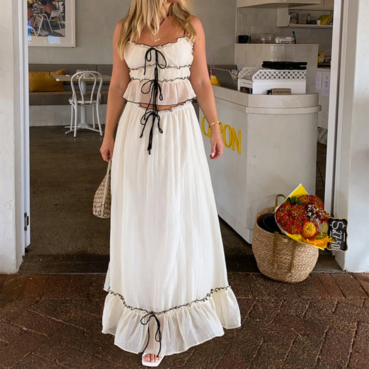 Hnewly  Elegant Holiday 2 Piece Outfits Ruffles Front Tie Up Crop Top Camis + High Waist A-line Maxi Long Skirt Fairy Vintage Streetwear