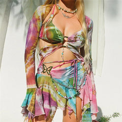 Hnewly  3 Piece Set Fairy Y2K Tie Dye Print Chest Wrap Backless Bandage Halter Tops Flared Long Sleeve Shrug T Shirt Pleated Mini Skirt