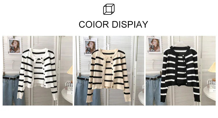 Hnewly  Women's Striped Knitting Cardigan Single Breasted Long Sleeved Sweater+Spaghetti Straps Vest Spring Autumn Korean Top 2pcs