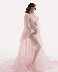 Hnewly  Maternity Photography Props Dress Elegant Glossy Pink Organza Ruffled Sleeves Floor Length Gown Pregnant Woman Baby Shower Dress
