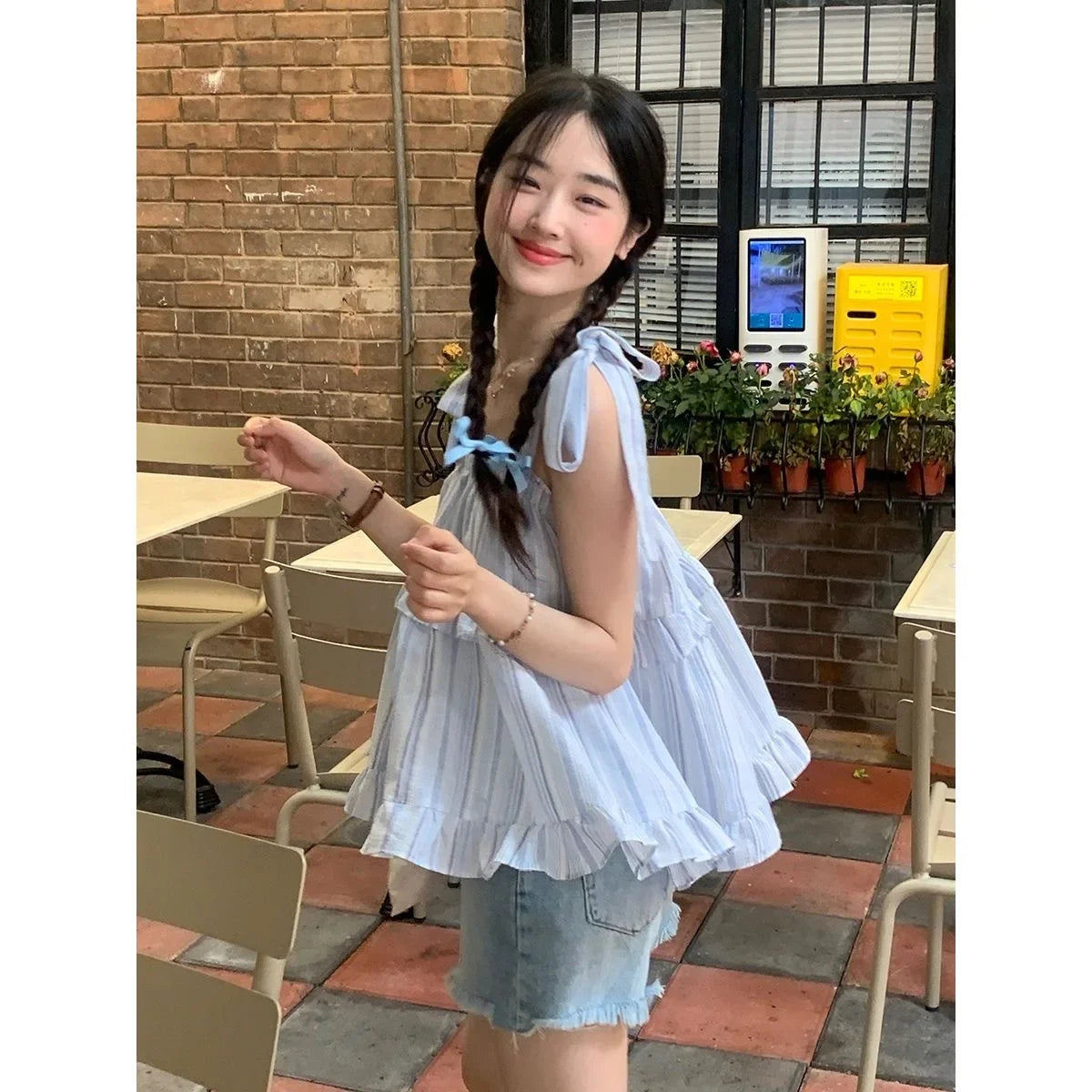 Hnewly French Style Striped Bow Tank Top Women's Summer Loose Fit Vacation Style Doll Top Fashionable Casual Wear